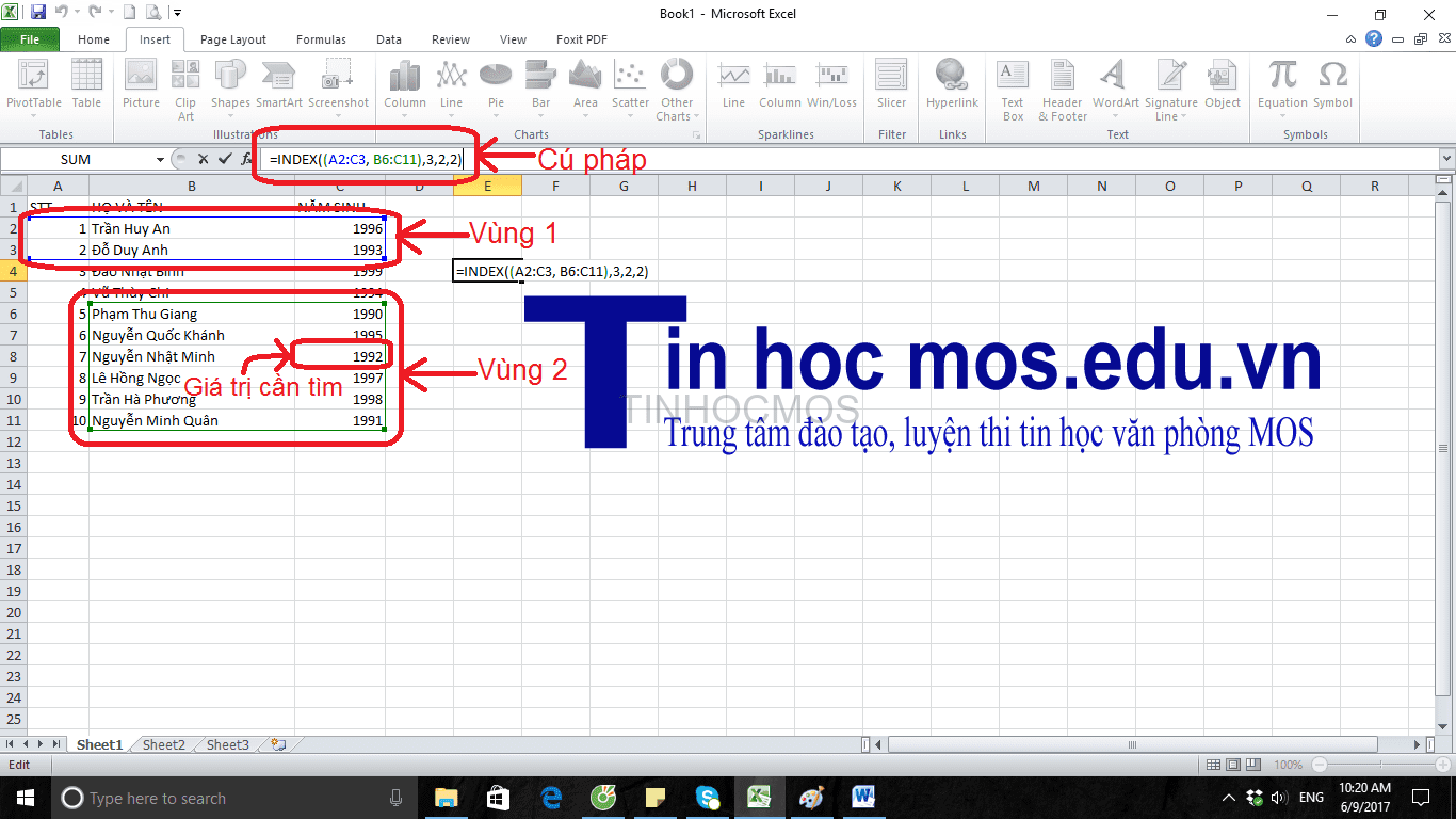 dung ham index trong excel