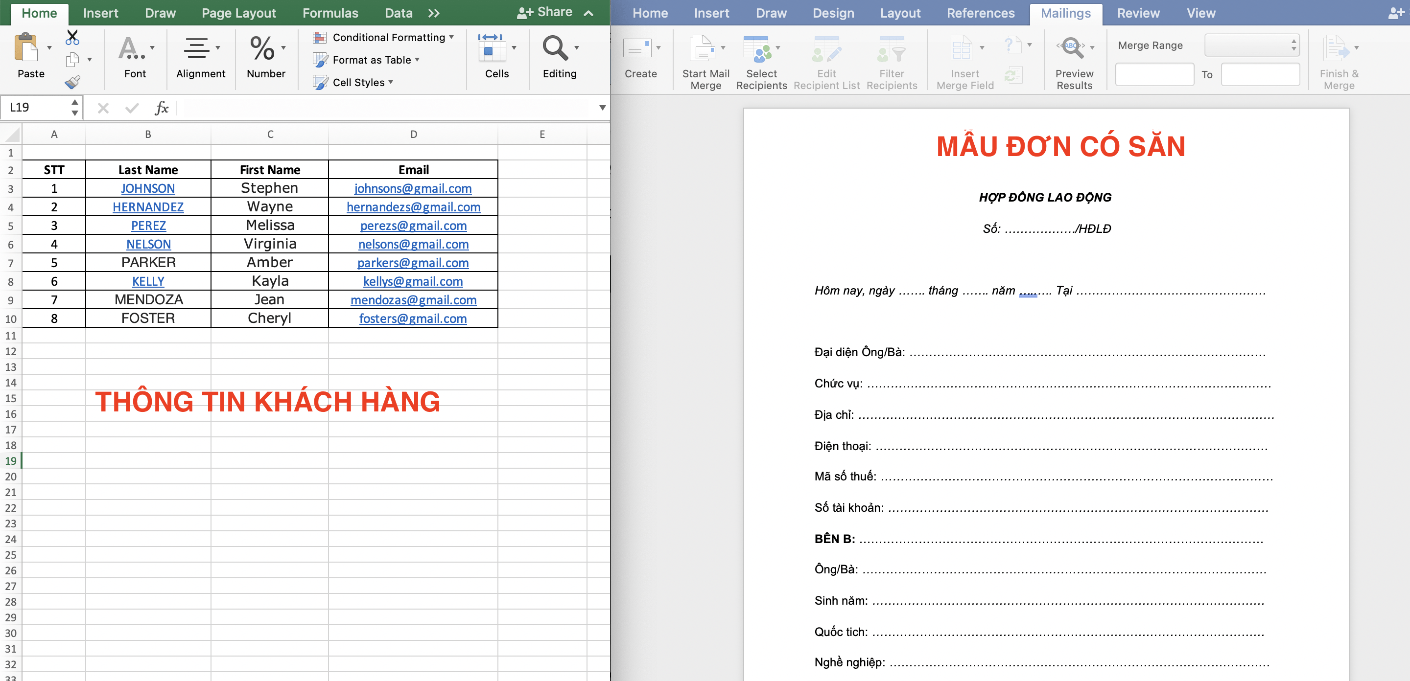 Trộn thư bằng bảng tính Excel