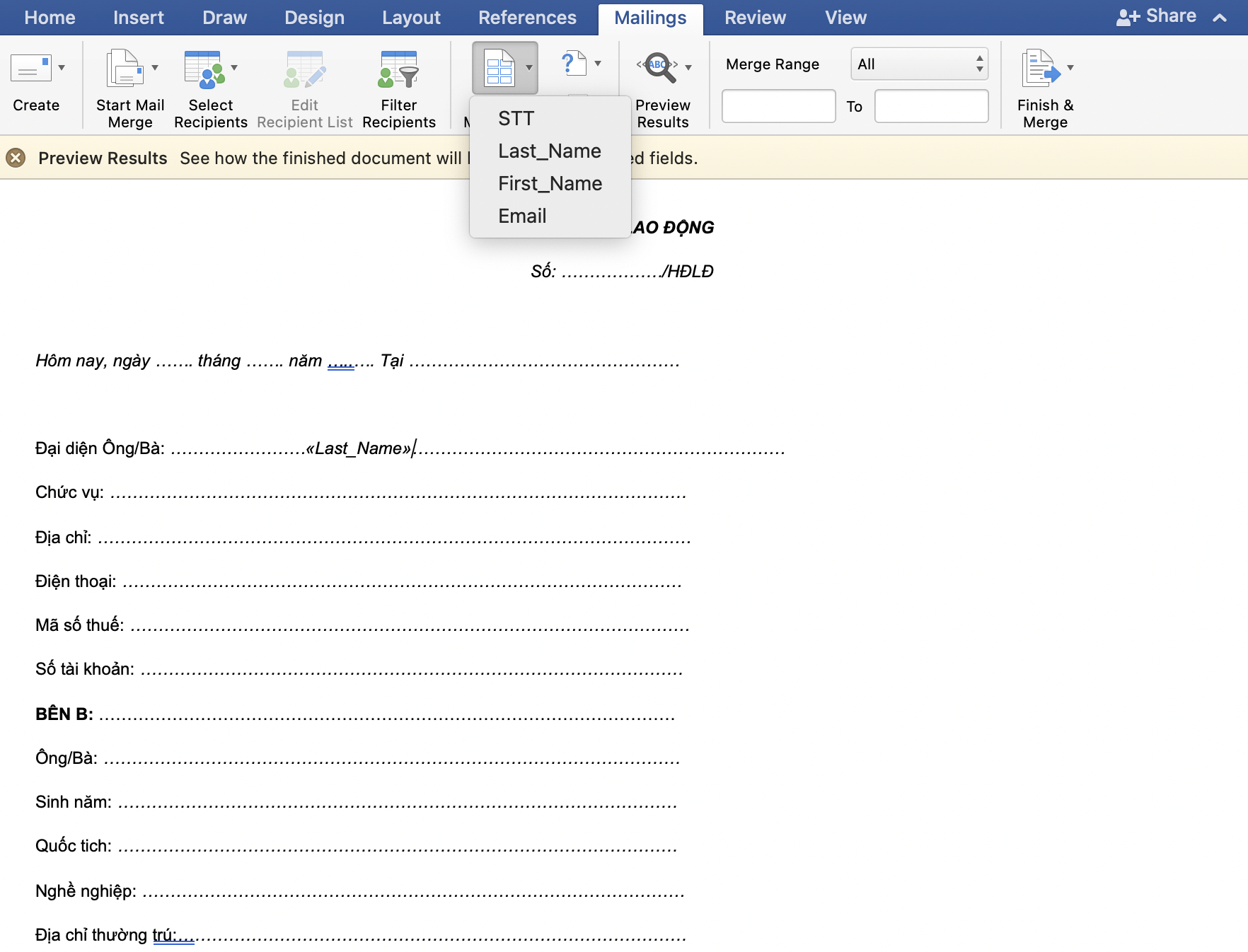 Trộn thư bằng bảng tính Excel