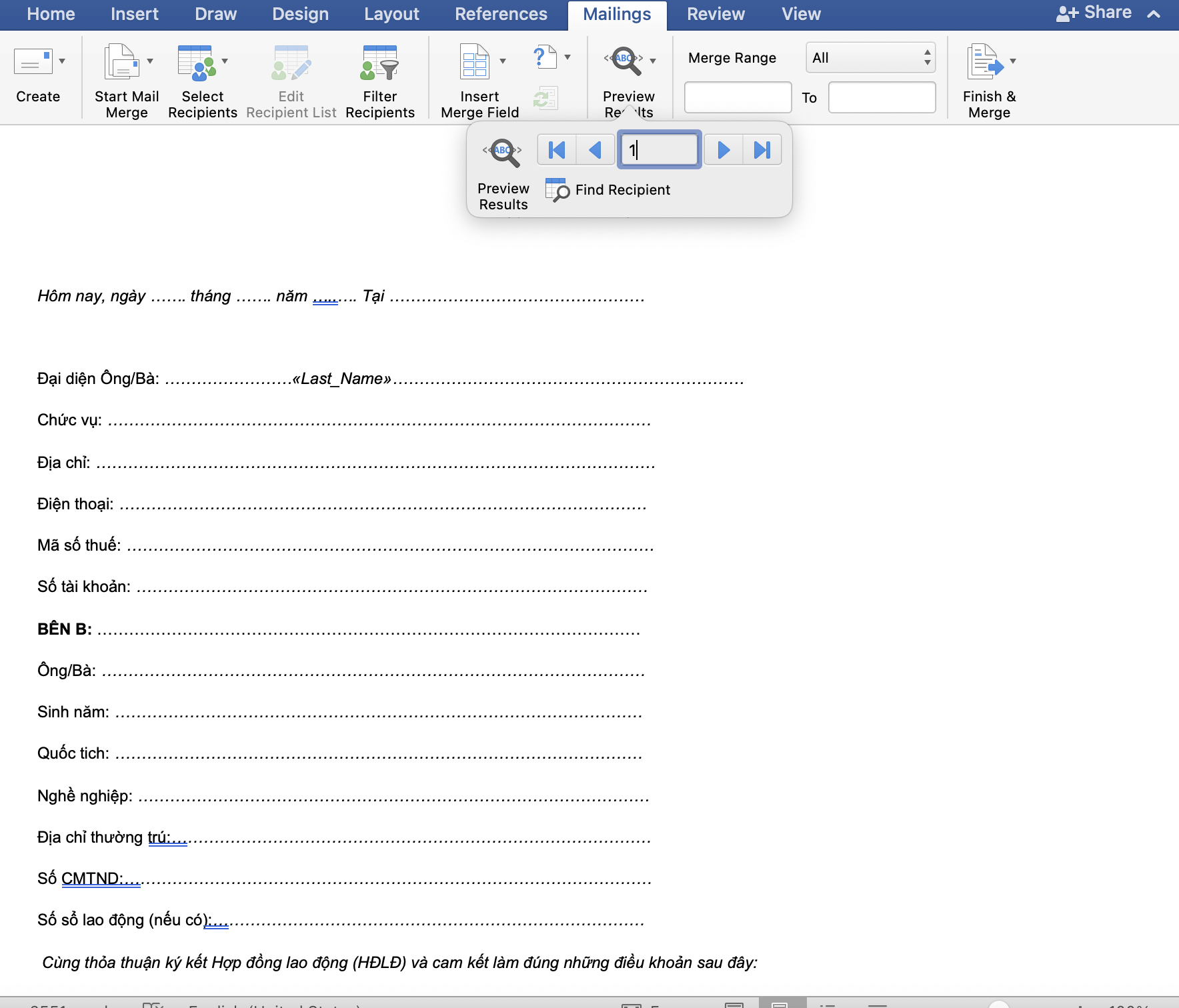 Trộn thư bằng bảng Excel