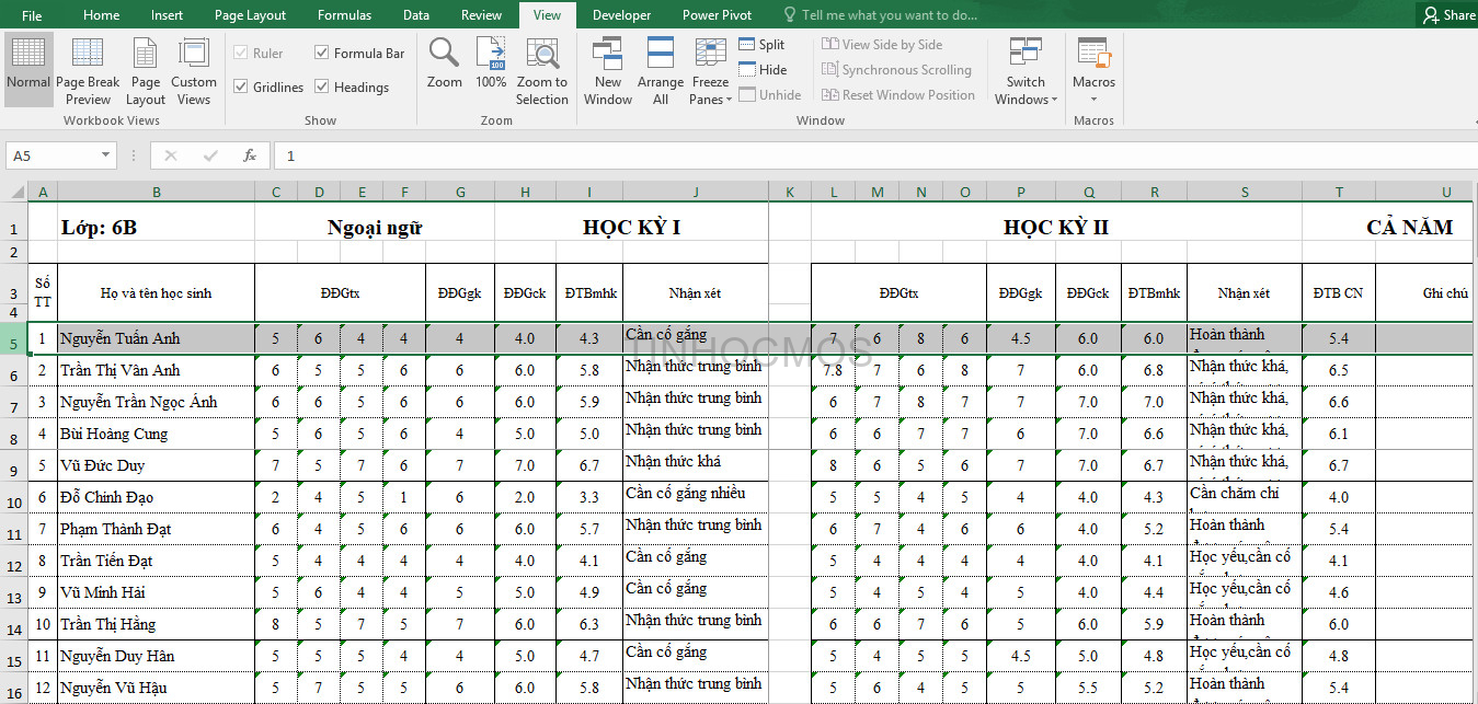 cố định cột trong Excel