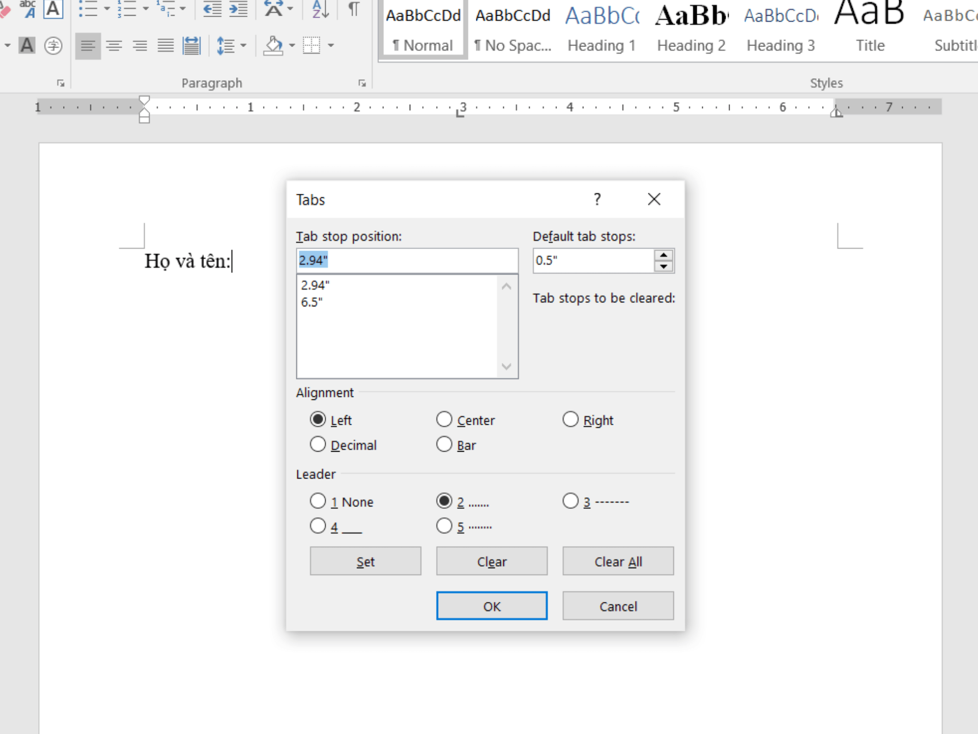 Cách sử dụng tab trong word để thêm dòng ba chấm vào văn bản