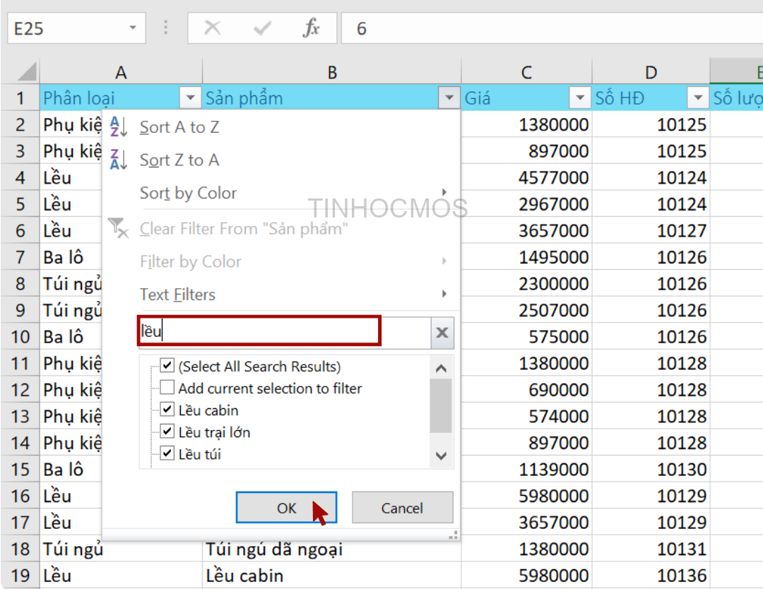 lọc dữ liệu bằng từ khoá trong Excel