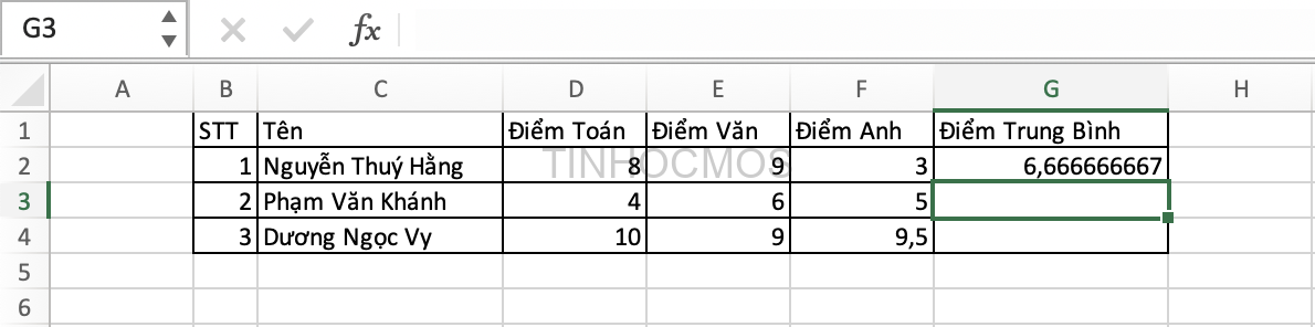 tính trung bình trong Excel