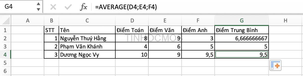 tính trung bình trong Excel
