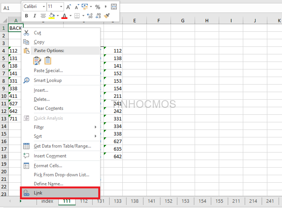 tạo mục lục trong Excel