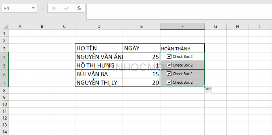 checkbox trong Excel