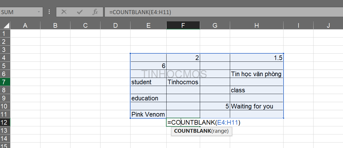 Hàm COUNTBLANK trong Excel