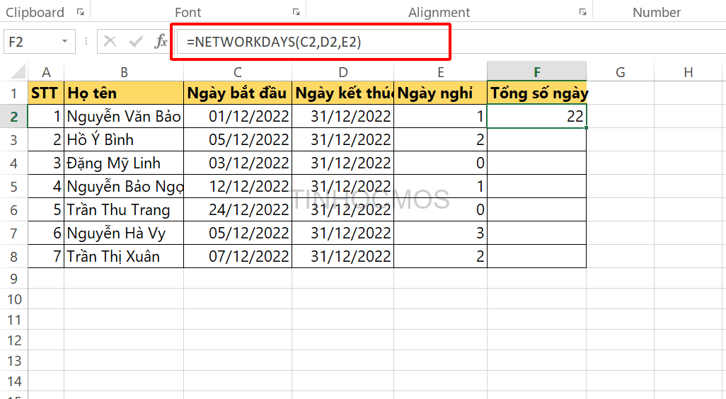 Nhập công thức =NETWORKDAYS(C2,D2,E2) 