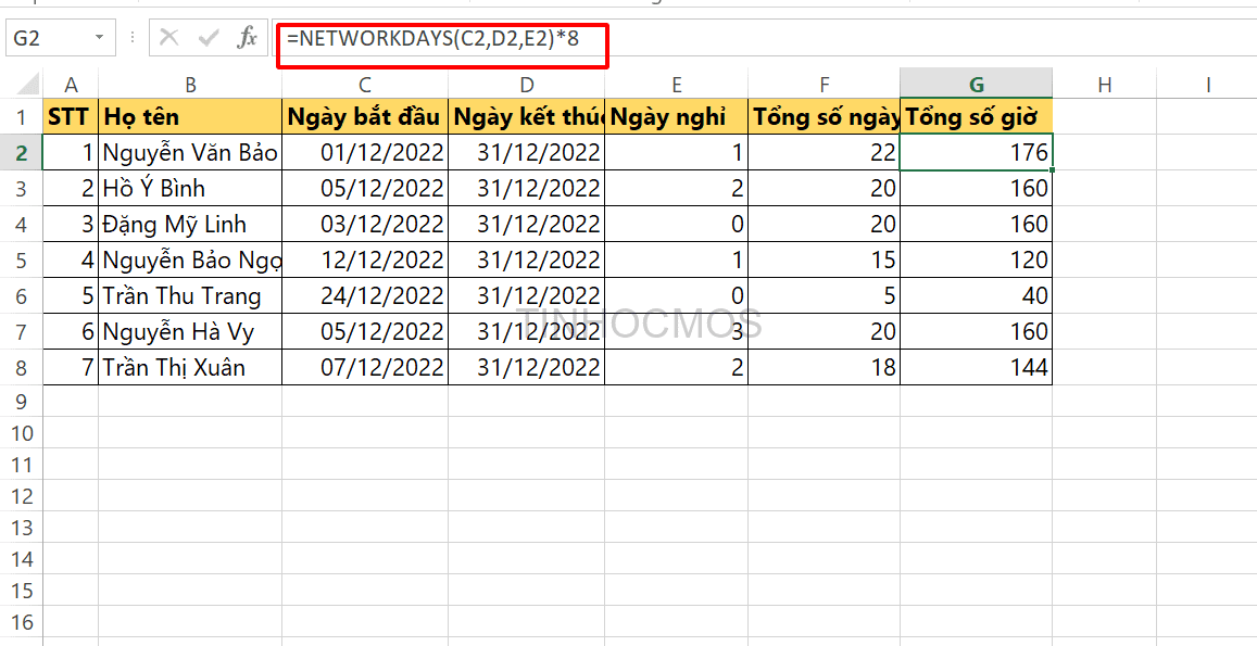 Nếu số giờ làm việc mỗi ngày là 8, ta nhập công thức: =NETWORKDAYS(C2,D2,E2)*8
