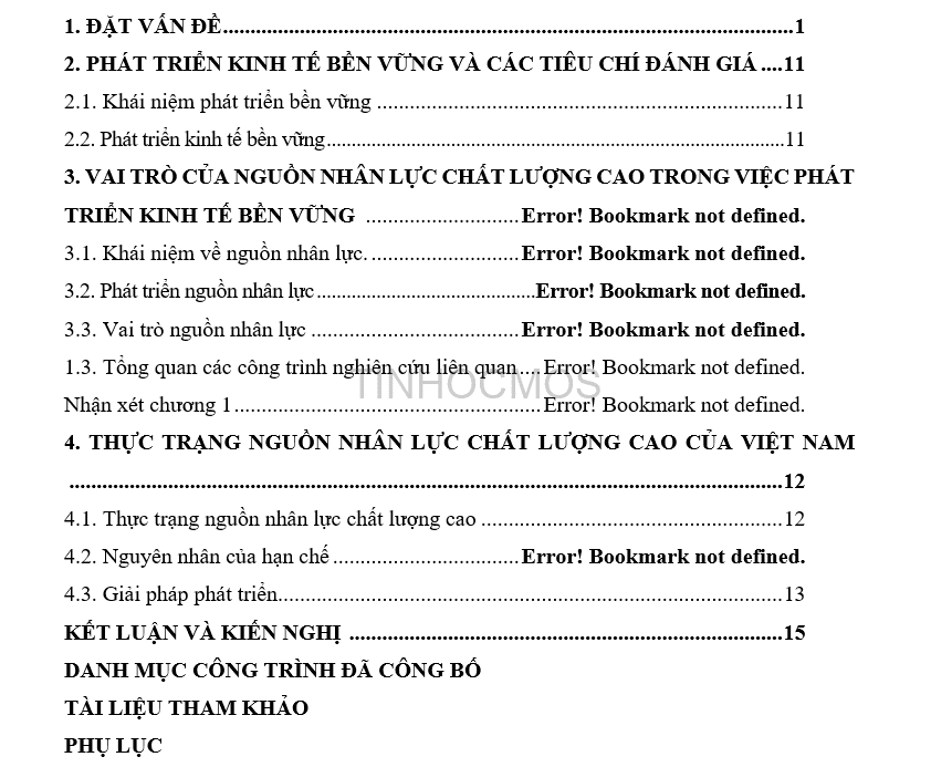 lỗi mục lục trong Word