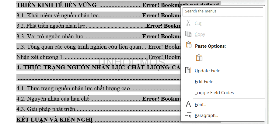 sửa lỗi mục lục trong Word