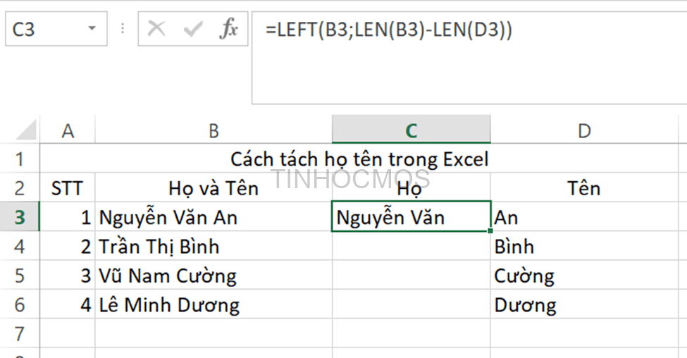 Trong ô C3 bạn nhập công thức: =LEFT(B3,LEN(B3)-LEN(D3))