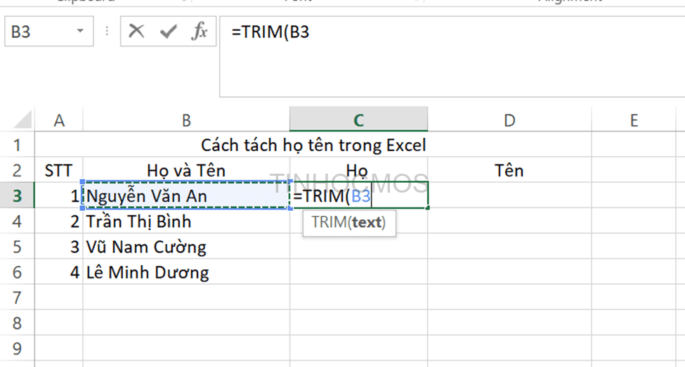nhập công thức TRIM(B3)
