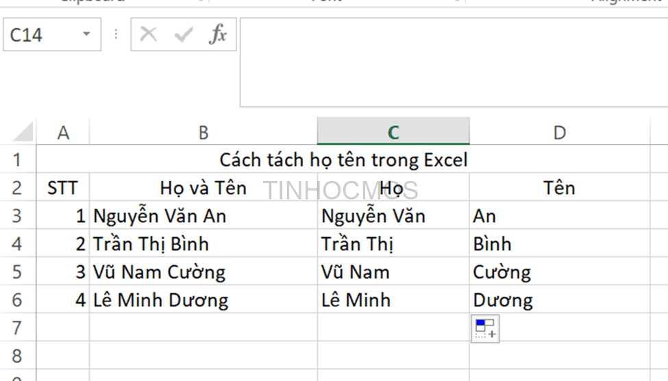 Kéo toàn bộ công thức từ ô C3 xuống hết các ô còn lại.