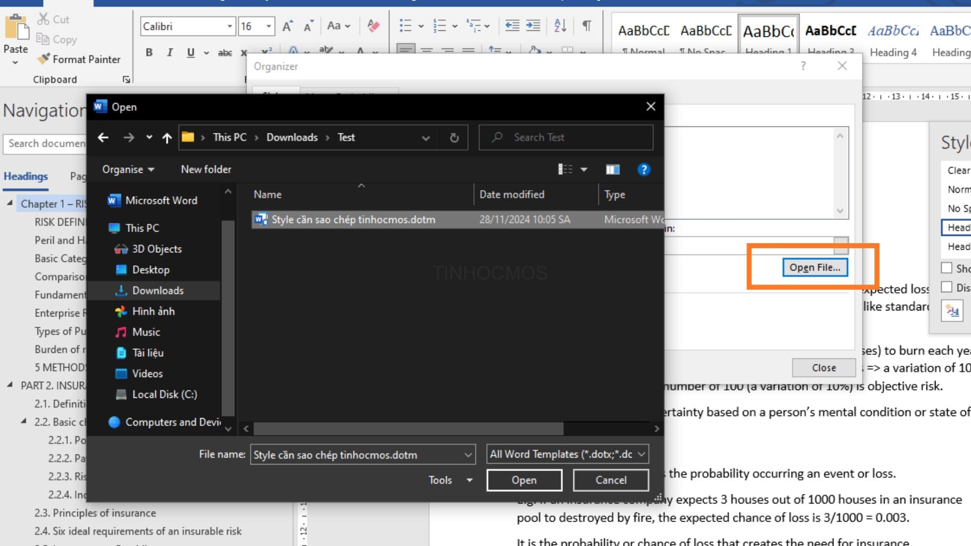 Bước 5: Nhập Style từ file Word mẫu đuôi .dotm đã tạo