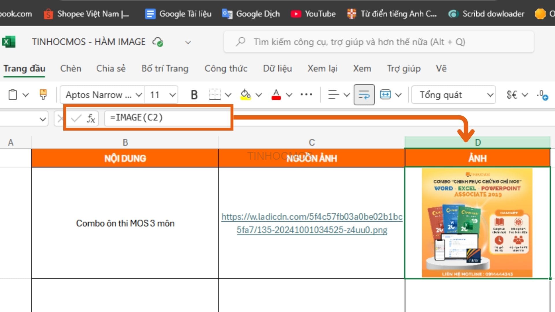 Bước 2: Ở ô cần chèn hình ảnh, nhập công thức theo cú pháp =IMAGE(ô chứa link nguồn ảnh).